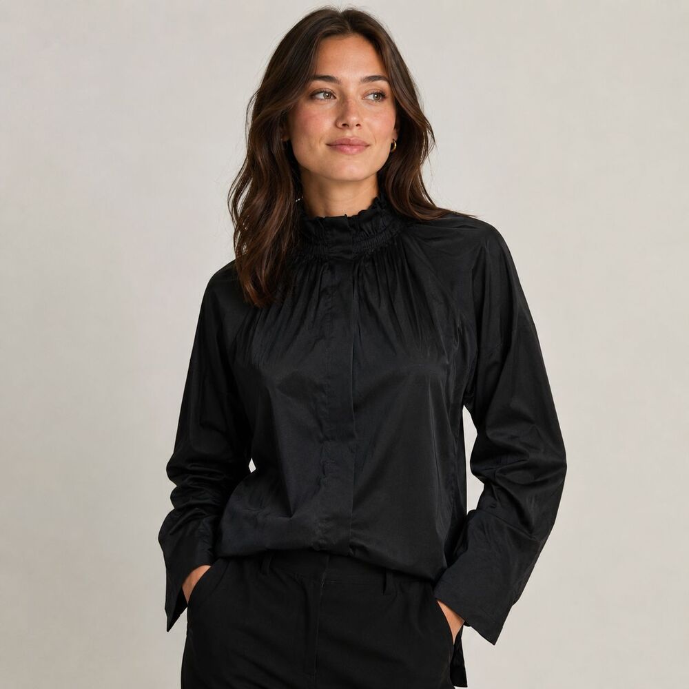 Zero + Maria Cornejo Black Ruffle Mock Neck Blouse Size 2 Gathered Poplin Top